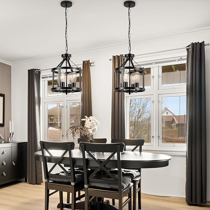 Black Farmhouse Chandelier, 4-Light Pendant Lights over Kitchen Island, Industrial Chandelier Ceiling Hanging Light Fixtures for Entryway Dining room Foyer Hallway Living Room, Adjustable Height