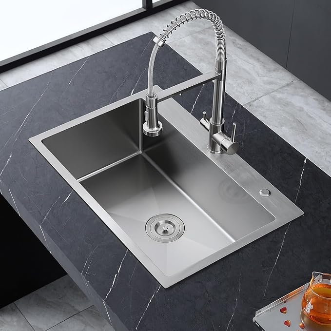 25x18 inch Drop-in Kitchen Sink Single Bowl with 2 Holes, 18 Gauge Stainless Steel Handmade Residential Topmount Kitchen Sink 9 inch Deep Basin Bowl (Brushed Nickel)
