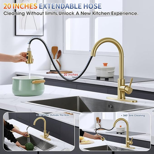 Brushed Gold Kitchen Faucets with Soap Dispenser, High Arc Single Handle Stainless Steel Kitchen Sink Faucet for 1 or 3 Hole, Ideal for Farmhouse RV Laundry Bar Camper & Commercial