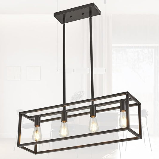 Farmhouse Rectangle Chandeliers for Dining Rooms, Modern Linear Hanging Light Fixture Matte Oil-Rubbed Bronze 4-Light Industrial Pendant Lighting for Kitchen Island