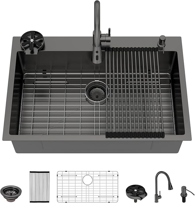 33 Drop In Kitchen Sink - Beslend 33x22 Black Kitchen Sink Drop In with Pull-Out Faucet, Stainless Steel Sinks and Soap Dispenser Topmount 16 Gauge Single Bowl Above Counter Dish Basin 9" Deep