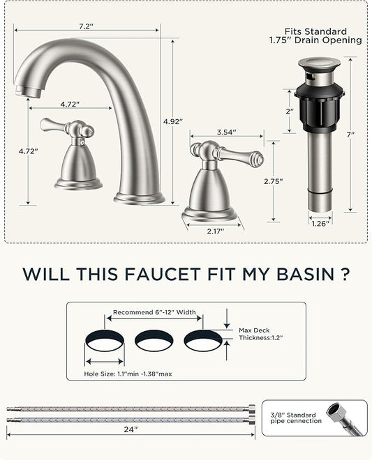 FORIOUS Faucet for Bathroom Sink 3 Hole,Brushed Nickel Bathroom Faucet Widespread with Pop Up Drain and Water Hose Supply, 2 Lever Handles Design,for Comercial Vanity RV Camper Sink