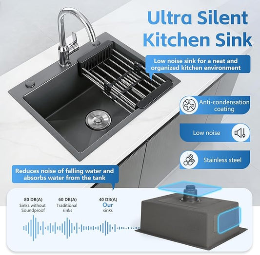 Black Kitchen Sink, Stainless Steel Single Bowl Sink, Drop In/Topmount Workstation Sink with Retractable Drain Basket, for Bar, Kitchen, Balcony, RV (21.6 * 17.7in)