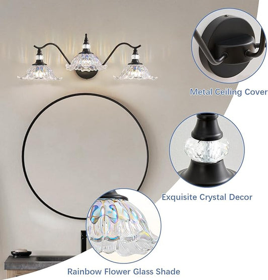 Vintage Bathroom Vanity Light Fixtures - 3 Light Iridescent Flower Glass Antique Matte Black Bathroom Lights Fixture Over Mirror,Retro High End Wall Mounted Vanity Lighting for Bath Powder Room