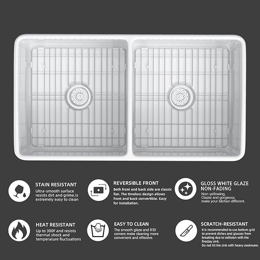 Miuara Farmhouse Sink Double Bowl 33 Inch - White Apron Front Kitchen Sink Reversible 33"x18"x10", Undermount Installation, Farm House Style Dual Basin 50/50, Heavy Duty Solid Fireclay, for Kitchen