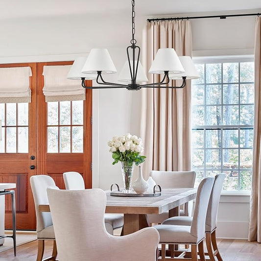 VILUXY Black Farmhouse Chandelier 5-Light Modern Chandelier with White Fabric Shade 35’’ Large Dining Room Light Fixture Adjustable Pendant Lighting for Kitchen Island Living Room, UL Listed
