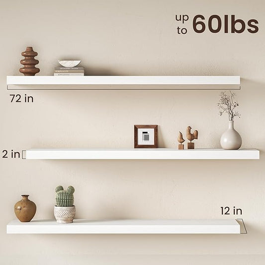 Fun Memories 72 Inch Floating Shelves, 12 Inch Deep Wall Shelf for Fireplace Mantel, Deep Storage Shelves for Home & Office, Long Floating Shelf with Invisible Bracket, White, Set of 2