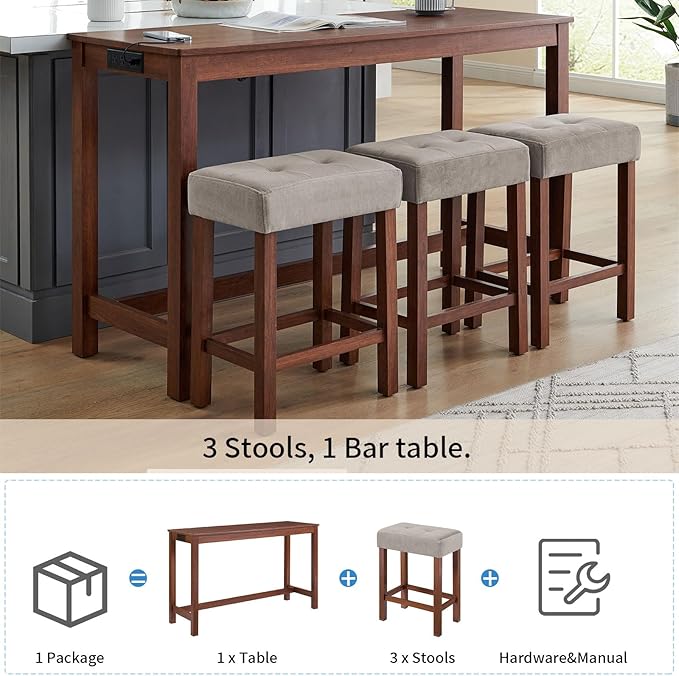 LKTART Bar Table and Chairs Set, 4 Piece Counter Height Bar Table Set with Power Outlet and 3 Upholstered Stools, Industrial Breakfast Table for Living Room, Cherry