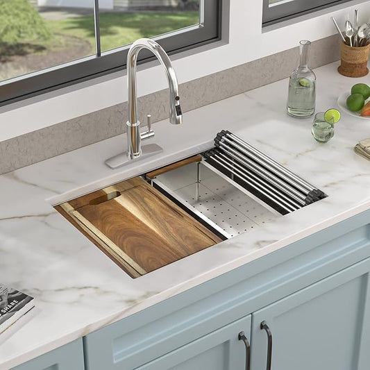 27 Undermount Kitchen Sink - Fulorni 27"x19" Kitchen Sink Ledge Workstation Under Counter 16 Gauge 304 Stainless Steel Single Bowl Basin