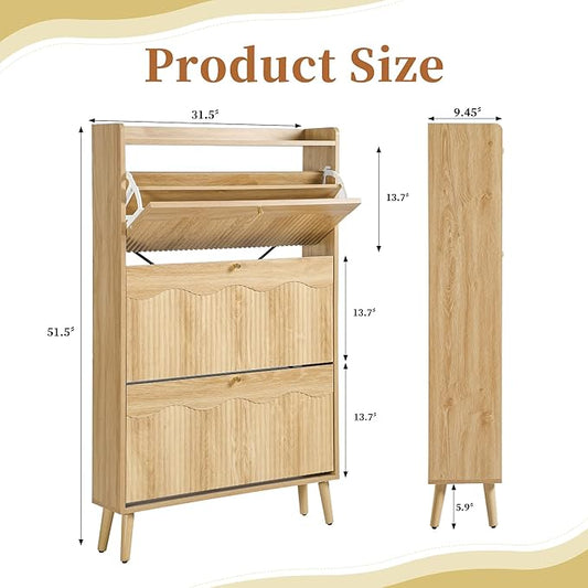 BERRYMERRY Shoe Storage Cabinet for Entryway with 3 Flip Drawers, 51.2” Tall Narrow Shoe Organizer with Wave Panel, Freestanding Wood Hidden Shoe Cabinet for Hallway
