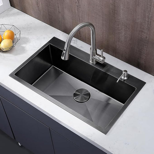 30 inch Drop in Black Kitchen Sink, Single Bowl Stainless Steel Handmade Topmount Kitchen Sinks with Dish Grid and Drain