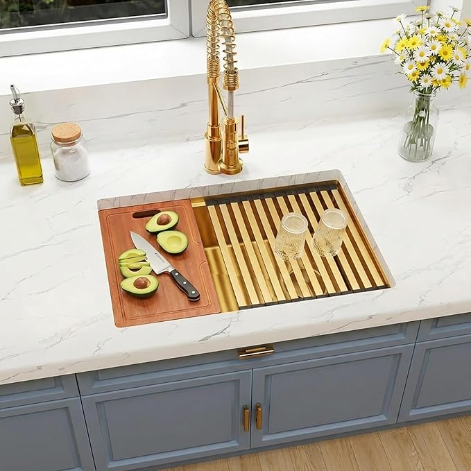 Kitsitchen Gold Undermount Kitchen Sink,16 Gauge SUS304 Stainless Steel Workstation Sink with Accessories, 28 Inch Single Bowl Kitchen Sinks with Round Corner & Offset Drain Design(28" X 18"X 10")