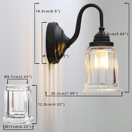 Yosoan Boho Indoor Vintage Wall Sconce with Cup-Shaded Glass, 1-Light Brass Modern Retro Vanity Hardwired Wall Mounted with Clear Striped Shade for Living Room Bedroom Fireplace Hallway(Black)