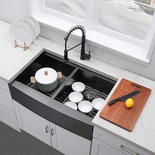 VCCUCINE 33 Inch Gunmetal Black Double Farmhouse Sink, 33X22 Double Bowl Farmhouse Kitchen Sink, 16 Gauge 50/50 Stainless Steel Apron Front Farm Sink, Drop In Workstation Farmer Sink With Accessories