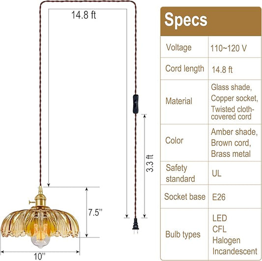 Plug-in Pendant Light Fixture, Hanging Light Fixture, Glass Pendant Light, Swag Lamp with Inline On/Off Switch for Kitchen Island, Bedroom, Dining Room, Living Room (Amber Lotus, Plug-in)