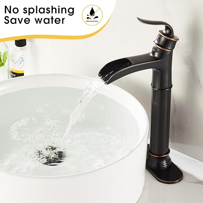 FRANSITON Tall Vessel Waterfall Faucet Bathroom Faucet Single Handle One Hole Oil Rubbed Bronze Finish Large Spout Lavatory Faucets Oil Rubbed Bronze