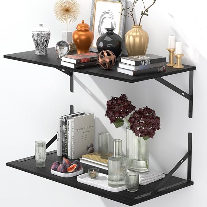 Deep Floating Shelves for Wall Set of 3, 24W x 12 Inch Deep Black Floating Shelves, Wide Floating Wall Mounted Shelves for Living Room, Kitchen, Office, Bedroom, Bathroom, Laundry Room