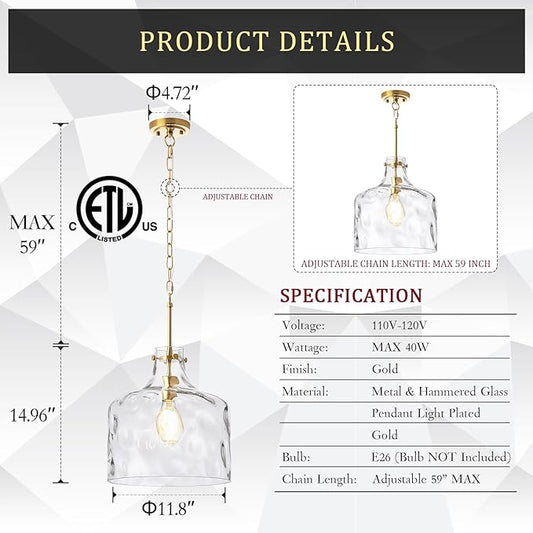 CATINER 16" Extra Large Farmhouse Pendant Light – Hand-Blown Hammered Glass Shade, Gold Finish, Adjustable Chain Ceiling Light for Kitchen Island, Dining Room, Hallway