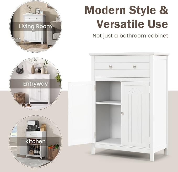 Tangkula White Bathroom Cabinet, Freestanding Wooden Storage Cabinet w/Large Drawer & Cabinet, 2 Doors, 3 Heights Adjustable Shelf, Bathroom Storage for Living Room Kitchen (White)