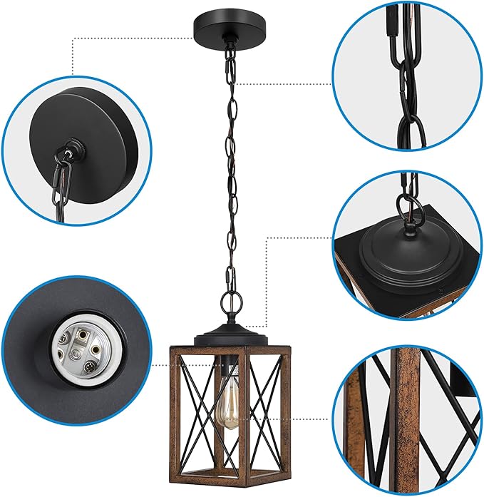 EDISHINE Farmhouse Pendant Light, Metal Hanging Light Fixture with Wooden Grain Finish, 63 Inch Adjustable Chain for Flat and Slop Ceiling, Kitchen Island, Bedroom, Dining Hall, E26 Base, 1 Pack