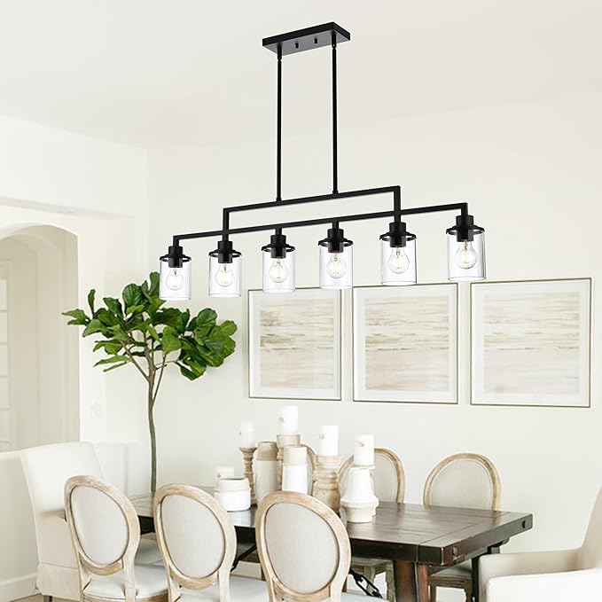 43.3" Kitchen Island Lighting, 6-Light Dining Room Light Fixture,Black Chandelier Farmhouse Linear Pendant Lighting for Kitchen Island Dining Table Living Room, Height Adjustable