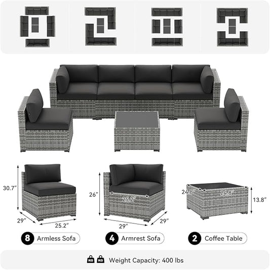 LazySunsets 14-Piece Patio Furniture Set, Wicker Rattan Outdoor Furniture with Thick Cushions, Patio Conversation Sets with Coffee Table, Outdoor Sectional Couch Sofa with Waterproof Cover, Black