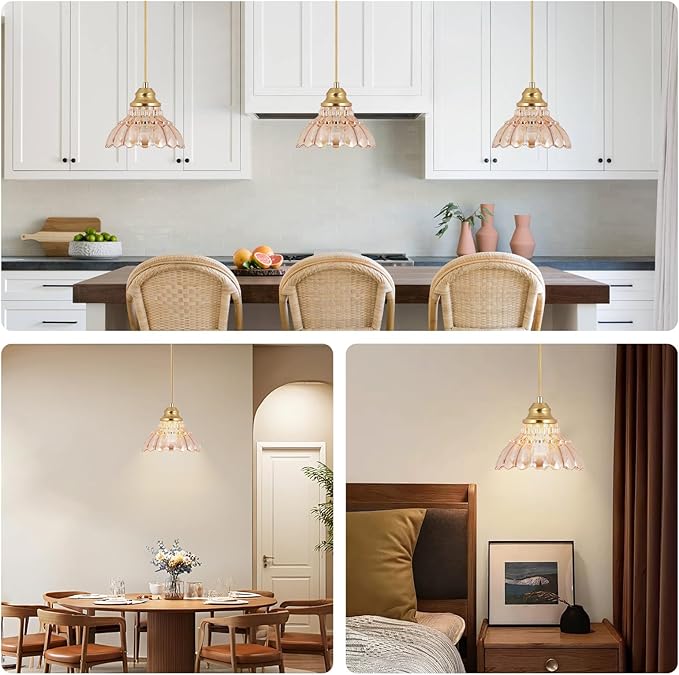 Vintage Pendant Lights Kitchen Island,Gold Pendant Light with Amber Glass Lampshade,Adjustable Hanging Light Fixture for Dining Room,Mini Chandeliers for Kitchen,Bedroom,Bathroom,Hallway