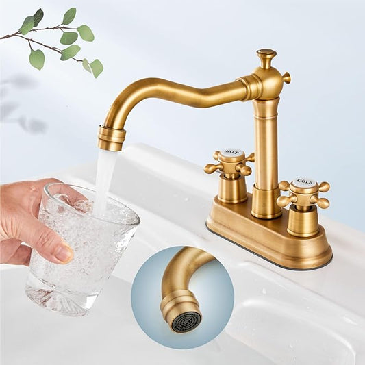 Aolemi 4 Inch Centerset Bathroom Sink Faucet Vintage 2 Cross Handle RV Mixer Tap Basin Vanity Lavatory Utility for Sink 3 Hole Include Hoses Pop Up Drain Faucet Handle with Label Antique Brass