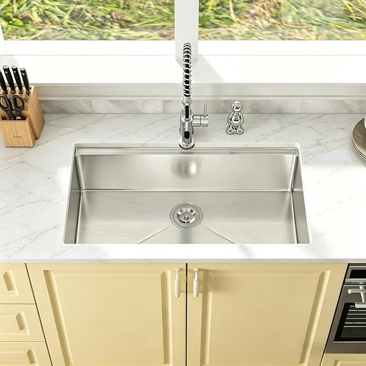 Undermount Kitchen Sink - 33 inch Undermount Kitchen Sink 16 Gauge Stainless Steel Sinks with Round Corner Handmade Single Bowl Under Counter Basin for Kitchens, 33"x19"x9"
