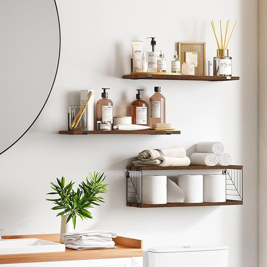 Fixwal Bathroom Floating Shelves Over Toilet, 15.8in Farmhouse Rustic Wood Shelves, Wall Decor for Bathroom, Living Room, Bedroom and Kitchen (3 Plus 1 Tier Dark Brown)