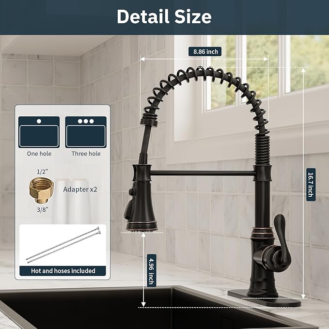 BWE Solid Brass Kitchen Faucet 1 or 3 Hole, Oil Rubbed Bronze Kitchen Sink Faucet with Pull Down Sprayer, Single Handle High Arc Faucet with 3 Mode Spray for RV Farmhouse Bar Kitchen