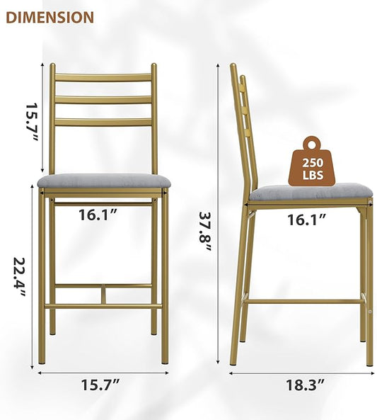 GarveeHome Bar Stools Set of 2, Counter Height Bar Chairs with Back and Thick Cushion, Upholstered Dining Chairs with Padded Seat, Barstools for Kitchen Island, Bar, Dining Room, Retro Gold