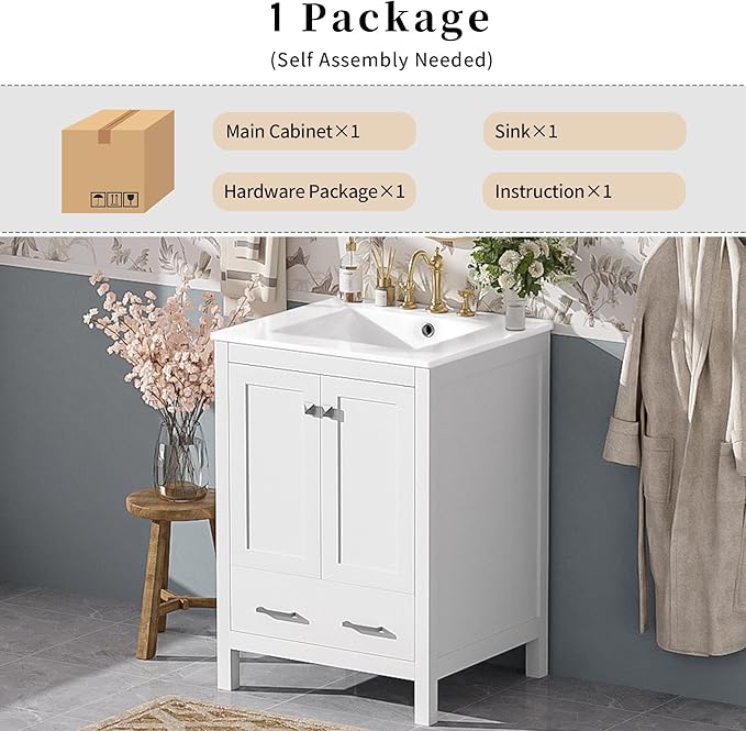 Favfurish 24" Modern Bathroom Vanity with Ceramic Sink, Freestanding Storage Cabinet w/2 Soft-Close Doors & 1 Drawer, Double-Layer Door Shelf, Solid Wood Frame for Small Bathrooms, Easy Assembly,White
