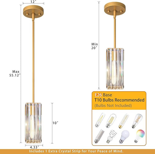 Gold Pendant Lights Kitchen Island,Modern 10"K9 Crystal Pendant Lighting Fixture,Adjustable Rods Small Hanging Light with Flat or Sloped Ceiling Mount,for Island Dining Room Kitchen Sink 1Pack