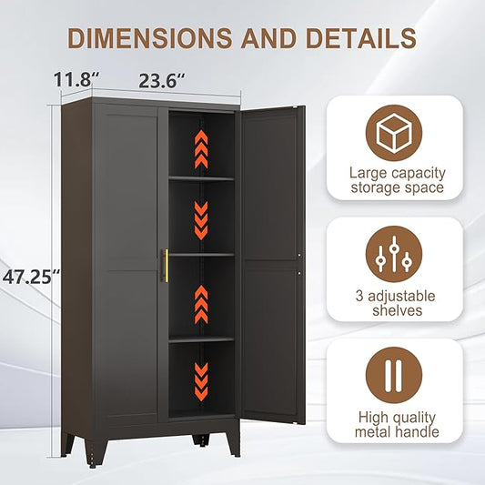 PAOFIN Metal Kitchen Pantry Storage Cabinet with 2 Doors and 3 Adjustable Shelves,Pantry Cabinet with Adjustable Leveling Foot for Kitchen, Living Room, Dining Room(Black)