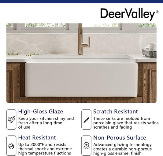 DeerValley Farmhouse Kitchen Sink 30 Inch, Fireclay White Apron Front Farm Sink, Single Bowl Deep Drop-in Undermount Reversible Sink with Grid & Strainer