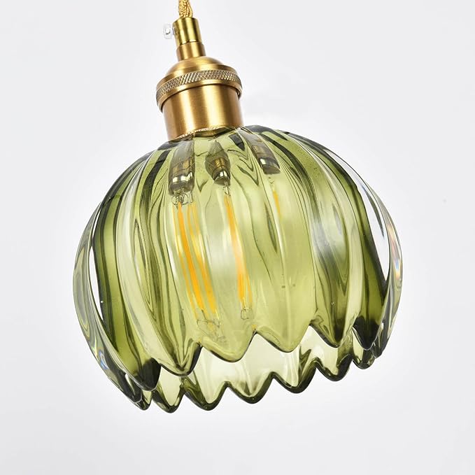 Mini Flower Glass Pendant Light Adjustable Hanging Lamp, Green Pendant Lights Kitchen Island Dining Room Hallway Bedroom Living Room, LED Bulb Included