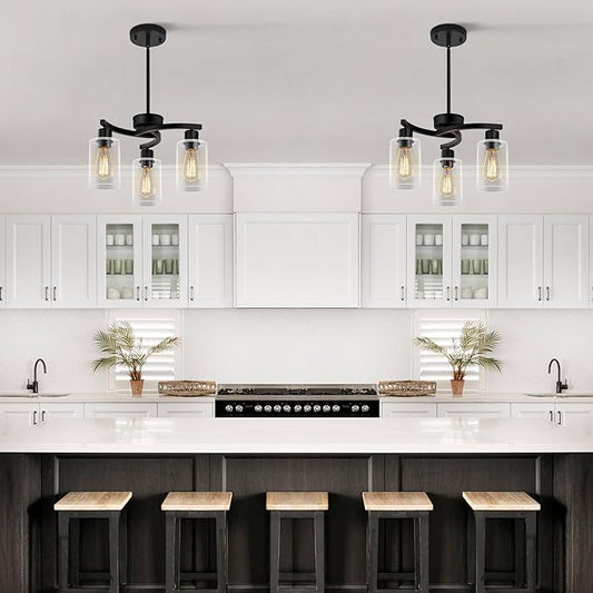 Sigaitwei 3-Light Modern Farmhouse Chandelier for Dining Room Light Fixtures,16.5" Black Kitchen Island Pendant Lighting, Adjustable Hanging Light for Dining Room with Clear Glass Shades