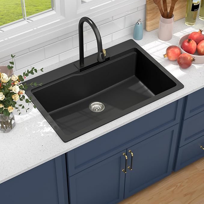 33 Waterfall Kitchen Sink - Beslend 33x22 inch Matte Black Granite Composite Waterfall Workstation Sink Drop In Waterfall Sink with Faucet, Topmount Dish Basin Above Counter Single Bowl