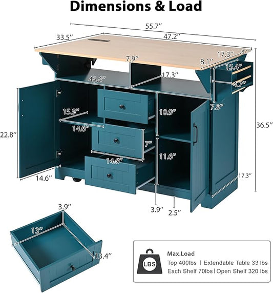 55.7'' Large kitchen Island with 2 Drop Leaf and Power Outlet, Rolling Kitchen Islands on Wheels with 3 Drawers and Storage Cabinet, Folding Dining Table with Spice & Towel Rack for Dining Room Green