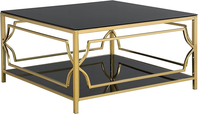 Harper & Bright Designs Square Glass Coffee Table in 33.5",Luxurious Geometric Metal Frame,Gold Finish & Lower Shelf