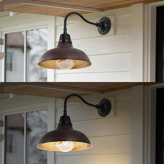 JONATHAN Y 12.25" 1-Light Wood Finish/Copper Farmhouse Industrial Outdoor Sconce, LED Gooseneck Wall Light for Porch, Metal Bowl Shade, Dimmable Vintage Exterior Fixture, LED Bulb Included (JYL7613G)