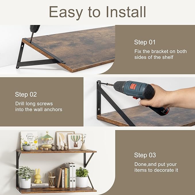 36"W x 12"D Floating Shelves, Deep Floating Shelves with Brackets, 12 Inch Deep Wall Shelves for Books, Wide Display Storage Shelves for Bathroom, Living Room, 36 Inch Long, Rustic Brown, Set of 2