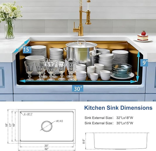 Gold Kitchen Sink, Single Bowl Drop in 32” x 18” Stainless Steel Gold Handmade Deep Kitchen Sink with Cutting Board and Drain Strainer