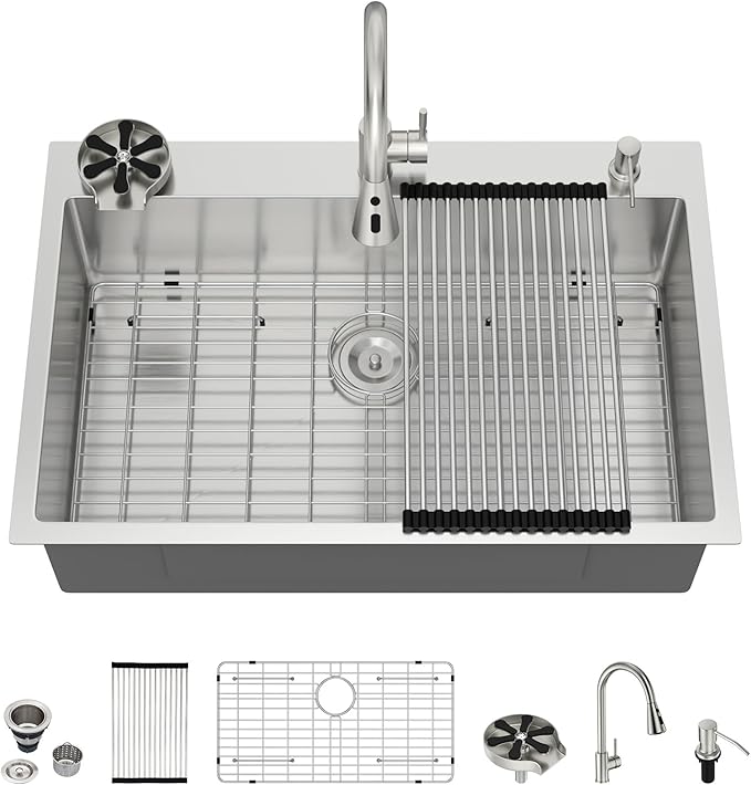 33 Drop In Kitchen Sink - Beslend 33x22 Kitchen Sink Drop In with Pull-Out Faucet, Stainless Steel Sinks and Soap Dispenser Topmount 16 Gauge Single Bowl Above Counter Dish Basin 9" Deep