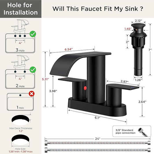 FORIOUS Matte Black Bathroom Faucets, Waterfall 4 Inch Centerset Bathroom Sink Faucet with Metal Pop up Drain and cUPC Hose for Basin, Vanity, RV, Pedestal 2 or 3 Hole Sink, 2 Pack
