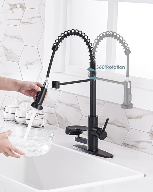 Kitchen Sink Fuacet with Glass Rinser, Single Handle Kitchen Faucet with Pull Down Sparyer, 304 Stainless Steel, Deck Plate, Matte Black