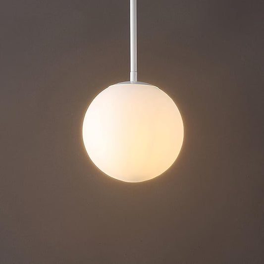 JONATHAN Y 7.75" White Modern Globe LED Pendant Light, Industrial Hanging Ceiling Lamp for Kitchen Island, White Glass Globe Shade, LED Bulb Included (JYL9528E)