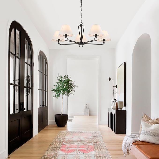 VILUXY Black Farmhouse Chandelier 5-Light Modern Chandelier with White Fabric Shade 35’’ Large Dining Room Light Fixture Adjustable Pendant Lighting for Kitchen Island Living Room, UL Listed