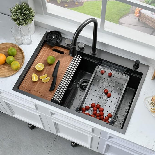 33 Inch Drop In Waterfall Kitchen Sink with Fuacet Combo-Bokaiya 33x22 Drop In Kitchen Sink with Cup Washer 16 Gauge Black Stainess Steel Top Mount Multifunctional Sink, Updated Water Pressure Control